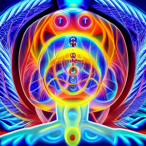 Prompt: human trancending into collaborative intelligence in the style of alex grey, album cover, award winning, beautiful, colorful, volumetric lighting, trending on artstation