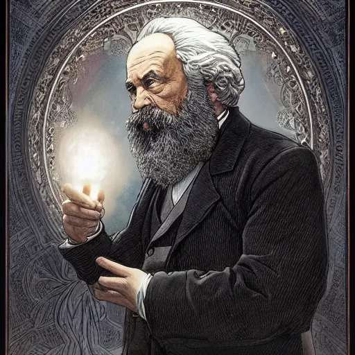 Image similar to Karl Marx pondering his orb, highly detailed, digital painting, artstation, concept art, smooth, sharp focus, illustration, art by todd lockwood and magalie villeneuve and alan lee and artgerm and greg rutkowski and alphonse mucha