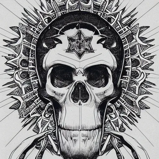 Image similar to a humanoid chimp skull hovering over a star pattern, 2 handguns are crossing in the middle of the picture ultra detailed, fine line pen drawing on parchment, symmetrical, stylish