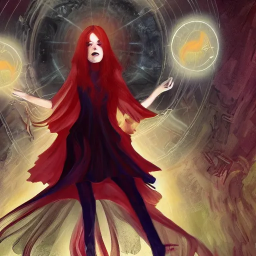 Image similar to Wanda Maximoff chaos magic, levitating, eerie, emotion, concept art