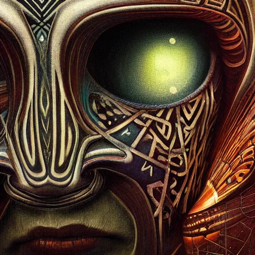 Image similar to beautiful closeup portrait of an art deco shaman, glowing eyes. reflective detailed textures, moth wings, highly detailed dark fantasy science fiction painting by tom bagshaw and michael whelan and diego rivera and annie swynnerton and jean delville, elaborate geometric ornament, ancient runes, silver and cool colors. artstation