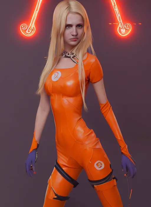 Prompt: biohazard teenage blonde girl wearing an orange superhero costume, au naturel, hyper detailed, digital art, trending in artstation, cinematic lighting, studio quality, smooth render, unreal engine 5 rendered, octane rendered, art style by klimt and nixeu and ian sprigger and wlop and krenz cushart