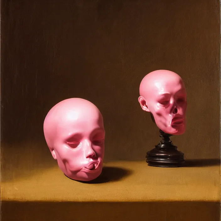 Prompt: still life painting of a melting glossy pink mannequin head, by pieter claesz, oil on canvas, strong lighting, highly detailed, peeled orange, dragon fruit, hyper realism, golden hour, god rays, hd, 4 k