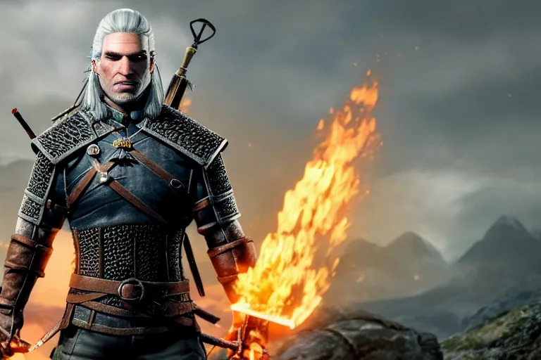 Image similar to Geralt of Rivia is The Avatar, Master of all four elements.