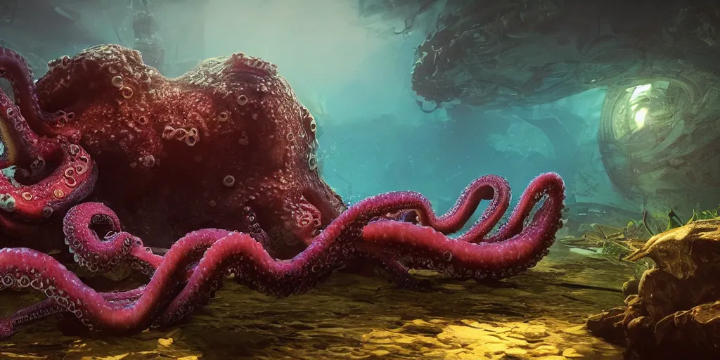 Prompt: underwater enviroment with a giant octopus boss creature with tentacles , unreal 5, hyperrealistic, realistic, photorealistic, dynamic lighting, highly detailed, cinematic landscape, studio landscape, studio lighting