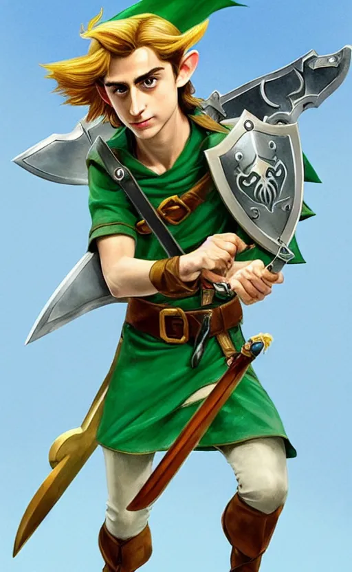 Prompt: Timothee Chalamet as Link from Legend of Zelda, elf ears, +++ super super super dynamic posing, j.c. leyendecker, Valentina Remenar, thick eyebrows, super serious facial expression, holding a sword & shield, ocarina of time