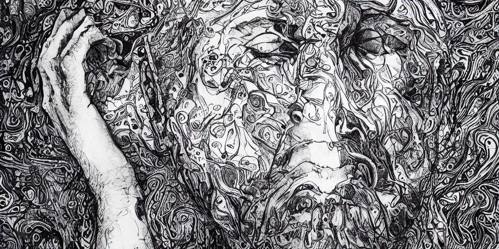 Image similar to realistic portrait of a man going thru psychedelic trip, 1450, ink, ultra realistic, 8k