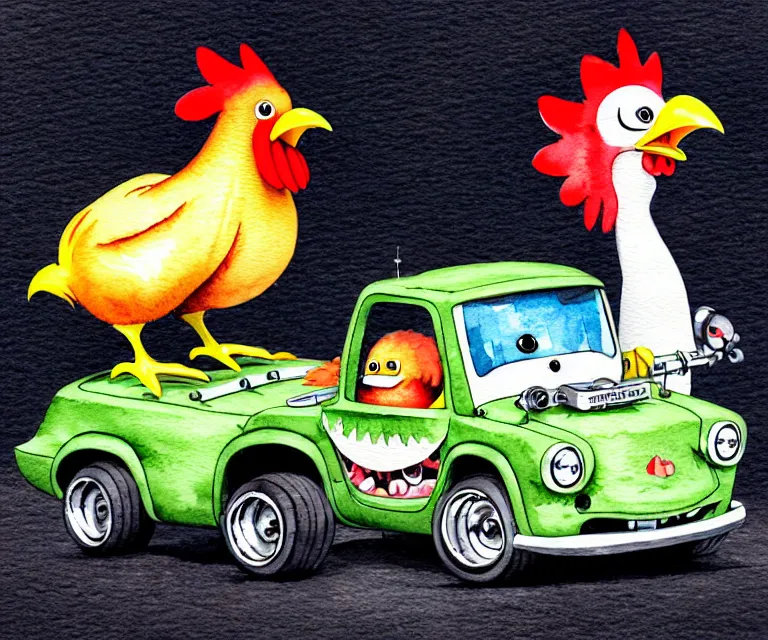 Prompt: cute and funny, chicken driving a tiny black hot rod with an oversized engine, ratfink style by ed roth, centered award winning watercolor pen illustration, isometric illustration by chihiro iwasaki, edited by craola, tiny details by artgerm and watercolor girl, symmetrically isometrically centered