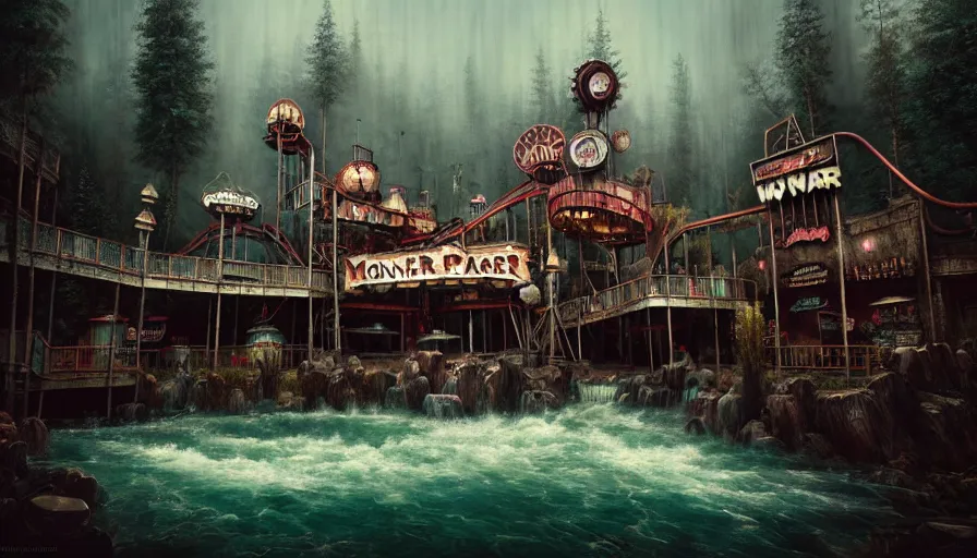 Prompt: michal karcz grunge painting of an amusement park, monster and horror theme. Monster-themed Grizzly River Run, detailed, elegant, intricate, 4k,