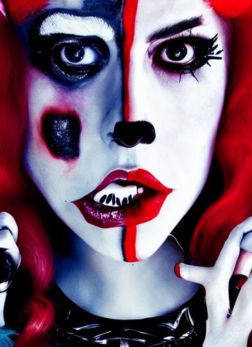 Image similar to portrait of Lady Gaga portraying Harley Quinn while dancing in the movie Joker 2023, dramatic cinematic lighting, extremely detailed facial features, award winning photograph by Annie Leibovitz, 8k