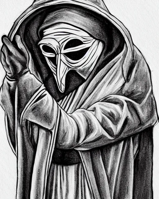 Image similar to a man in black hooded robes holding a plague doctor mask in hand, detailed art by greg rukowtski