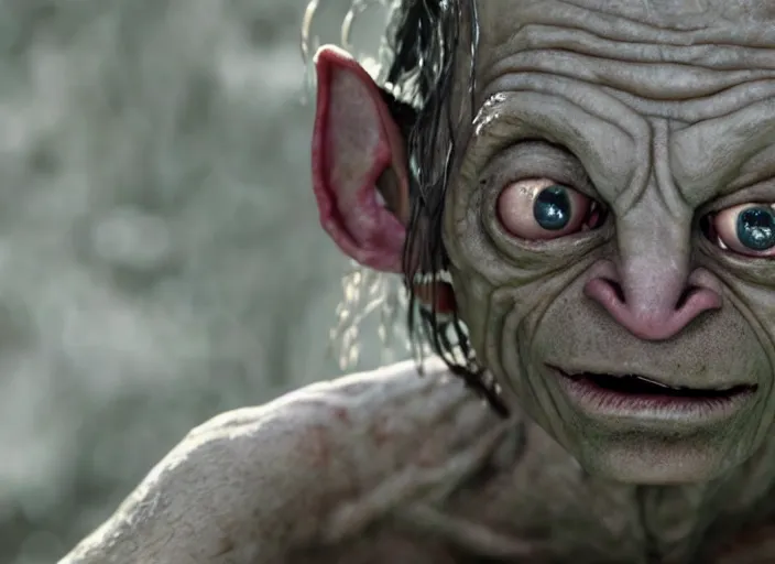 Prompt: ice poseidon playing as Gollum in The Hobbit (2012) , 35mm photography, highly detailed, cinematic lighting, dystopian, grunge 4k