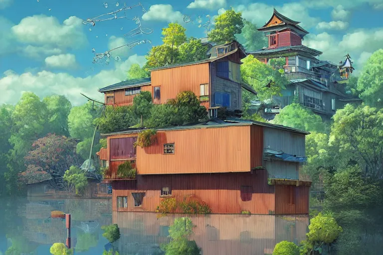 surreal kyoto suburb, floating house in the sky,, Stable Diffusion