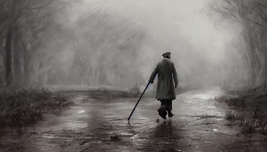 Prompt: Old man walking with his cane under rain on the muddy road in an old rusted English village, grey sky, hyperdetailed, artstation, cgsociety, 8k