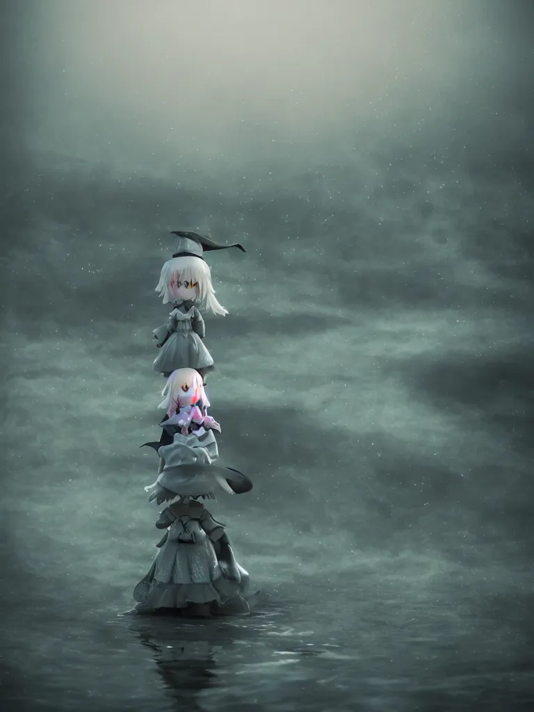 Prompt: cute fumo plush girl witch standing in reflective murky ghastly river water, otherworldly chibi gothic horror wraith maiden, lost in the void, hazy heavy swirling murky volumetric fog and smoke, moonglow, lens flare, rule of thirds vray