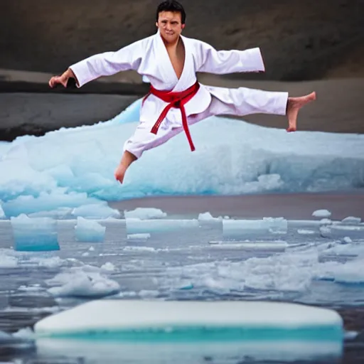 Prompt: a karate person in a karate outfit surfing on ice cream waves