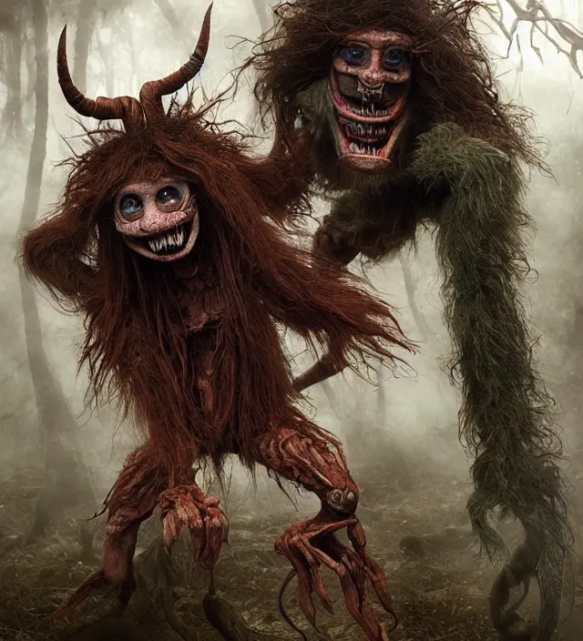 Image similar to hyper realistic photography of indonesian demon hairy fluffy muppet show horror nightmare elf goblin monster with long arms, ventriloquist, human anatomy, real teeth, full body, cinematic symmetric dark _ crystal, brian froud, alan lee, jean baptiste monge, scott radke