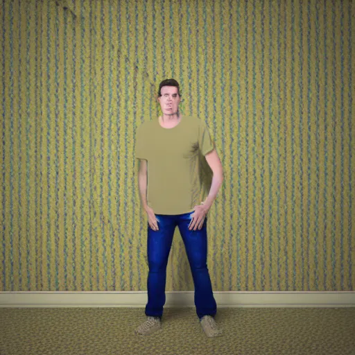 Image similar to 3 d render of jerma 9 8 5, jerma, in a liminal space, non - euclidean space, worn mono - yellow wallpaper, old moist carpet, inconsistently - placed fluorescent lighting, high octane, blender, 3 d render