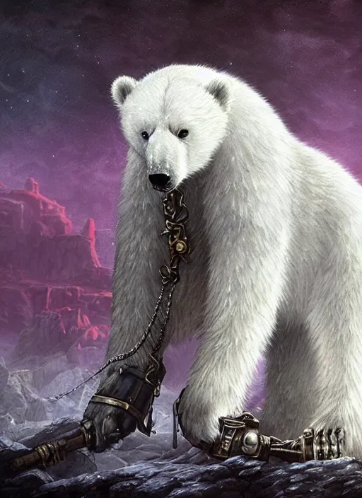 Image similar to white furry polar bear, steampunk googles, highly detailed, unreal engine 5, cinematic, 8 k, by megan duncanson, benjamin lacombe, adrian borda, stanley artgermm, tom bagshaw, craig mullins, carne griffiths, ayami kojima, beksinski, giger, trending on deviantart, hyper detailed, horror, full of colour