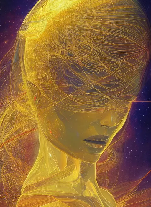 Image similar to a golden woman 2/3 figurative portrait, in space, head breaking apart and spiraling geometry into the sky upwards into another dimension, lazer light beaming down to top of her head, by moebius and Yoshitaka amano, painterly digital art