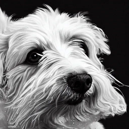 Image similar to a Nobel white dog, trending wallpaper, black background, hyper realistic