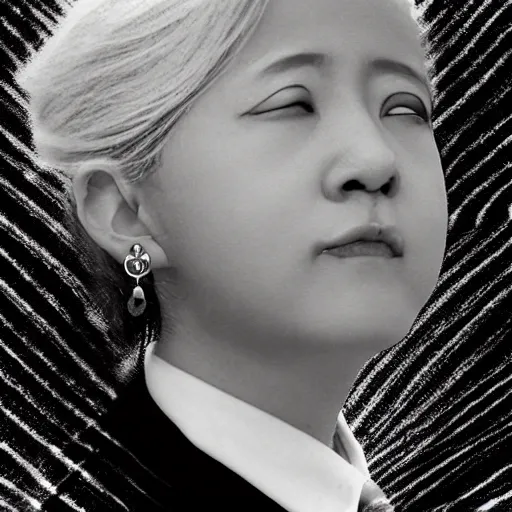 Image similar to yoshitaka amano realistic photo of an anime girl with black eyes, wavy white hair and cracks on her face wearing dress suit with tie fluttering in the wind, abstract black and white patterns on the background, cross earring, noisy film grain effect, highly detailed, closeup portrait shot, weird portrait angle