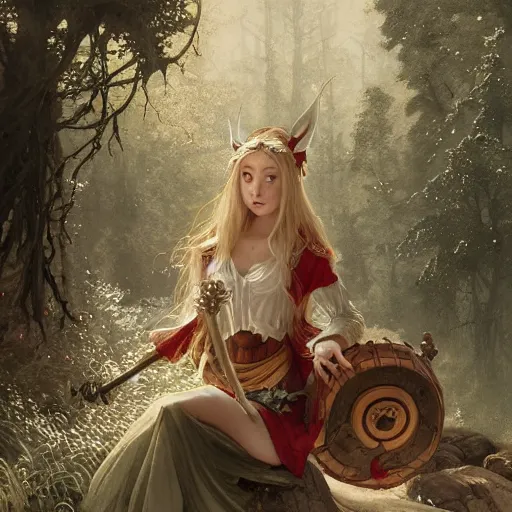 Image similar to elf fairy with a lute wearing a cardigan, blonde, highly detailed, intricate, digital painting, artstation, sharp focus, illustration, art by jakub rozalski, greg rutkowski, artgerm, tan zi and ayanamikodon and alphonse mucha and wlop