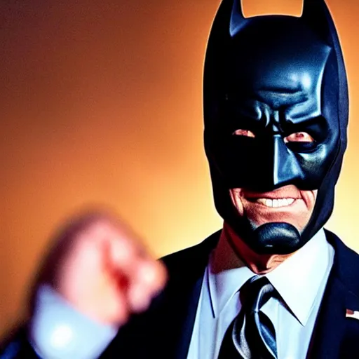 Image similar to joe biden as batman, movie still, cinematic lighting