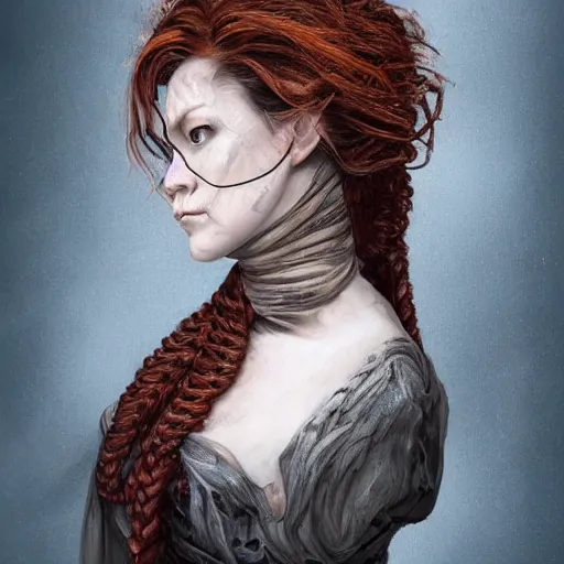 Image similar to portrait of a Shibari rope wrapped face and neck, headshot, insanely nice professional hair style, dramatic hair color, digital painting, of a old 15th century, old cyborg merchant, amber jewels, baroque, ornate clothing, scifi, realistic, hyperdetailed, chiaroscuro, concept art, art by Franz Hals and Jon Foster and Ayami Kojima and Amano and Karol Bak,