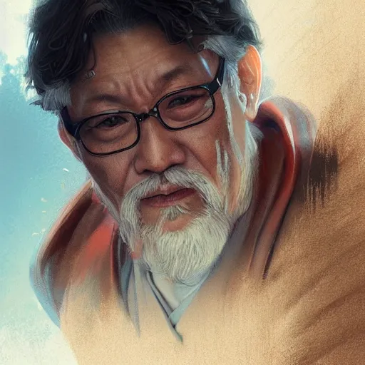 Image similar to mr miyagi, portrait, intricate, detailed, volumetric lighting, scenery, digital painting, highly detailed, artstation, sharp focus, illustration, artstation, art by artgerm and greg rutkowski and alphonse mucha