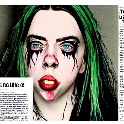 Image similar to crazy mad billie eilish on local newspaper