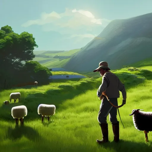 Image similar to an irish farmer herding sheep next to his small homestead in the irish countryside, highly detailed, digital painting, concept art, sharp focus, by makoto shinkai