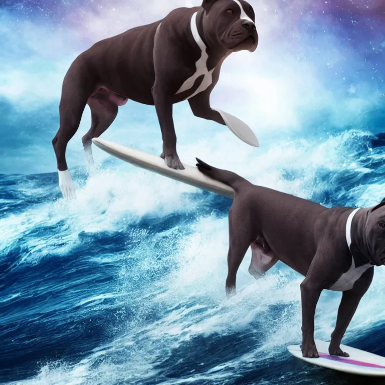 Image similar to photo of a skinny dark gray coat pit bull with a white paws and a white nose!, surfing on a surfboard in a crashing wave of alien galaxy, trending on art station, ocean in space, background is an alien galaxy, aliens in the background, alien colors, octane render, unreal engine, wide view, 8 k, highly detailed