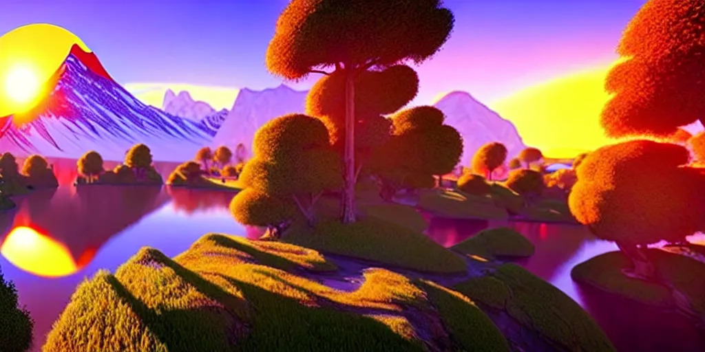 Image similar to a beautiful landscape, sun rises between two mountains, colourful 3 d artwork by bob ross, unreal engine 5, extremely detailed, hyper realism