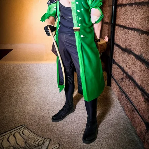 Image similar to A full portrait photo of real-life zoro one piece, f/22, 35mm, 2700K, lighting.