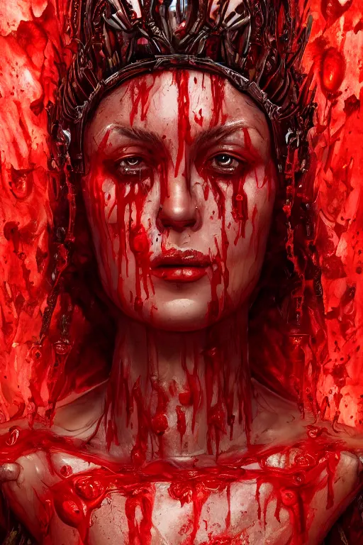 Image similar to Fantasy character portrait of distorted detailed painting of a queen woman made of blood drips, octane render, hyper detailed, red flames, trending on Artstation, 8k resolution, full HD, cinematic lighting, award winning, anatomically correct