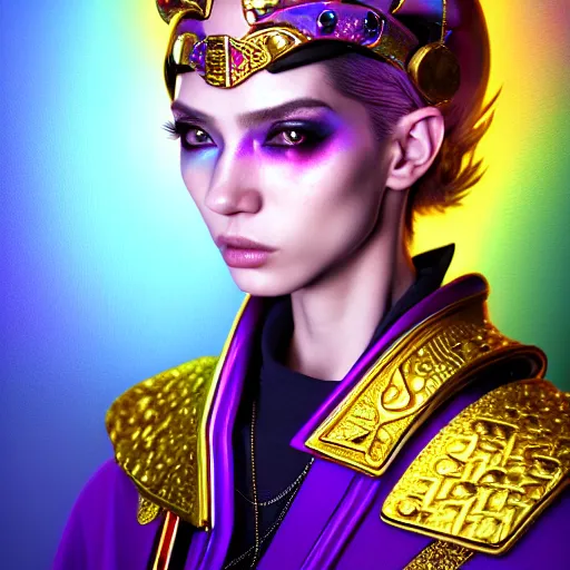 Image similar to hyperdetailed close portrait of a stunningly beautiful ukrainian girl androgynous wizard guard made of iridescent metals and shiny purple gems, bright rainbow nimbus, golden necklace, smoke background inspired by ross tran and masamune shirow and kuvshinov, concept art, intricate, photorealistic, octane render, rtx, hdr, unreal engine, dnd digital art by artgerm