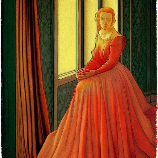 Prompt: an elegant girl in a liminal abandoned room, red and gold, old polaroid by botticelli, by moebius, digital painting, jugendstil, art noveau, strong lights, flat colors, pastel colors,