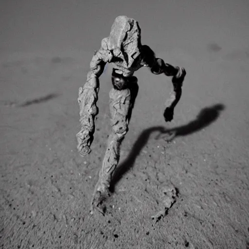 Prompt: buried in the shifting sands of some nameless world for eons. his empty eye sockets filled with dust and the moisture sucked from his shriveled paper skin. now, something else was inside him, making his stick - thin limbs move again. a crew had landed, and he longed to welcome them