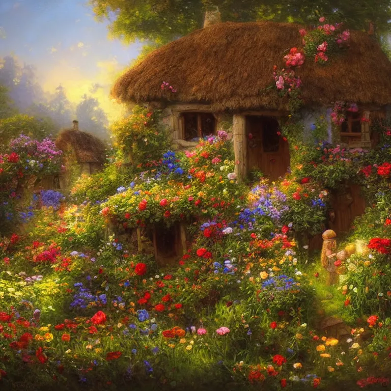 Image similar to a whimsical cottage in a flower garden by Justin Gerard, evening light