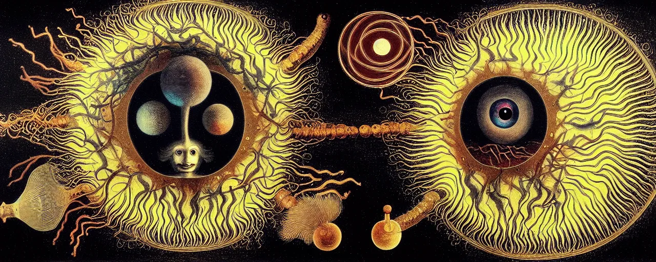 Image similar to a strange creature with endearing eyes radiates a unique canto'as above so below'while being ignited by the spirit of haeckel and robert fludd, breakthrough is iminent, glory be to the magic within, in honor of saturn, painted by ronny khalil