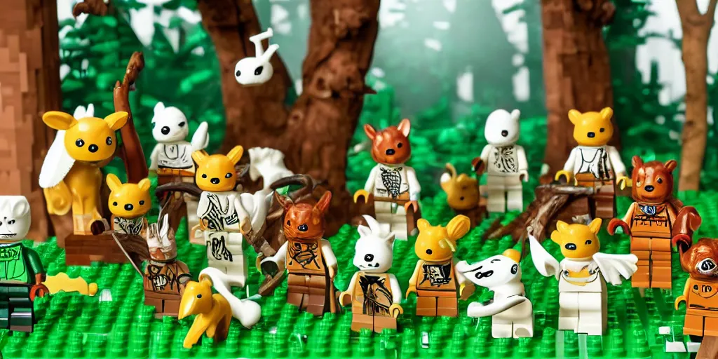 Prompt: lego mini build of forest creatures that live in the imagination forest, cute looking, kawaii, sharp focus, character sheet, game concept art