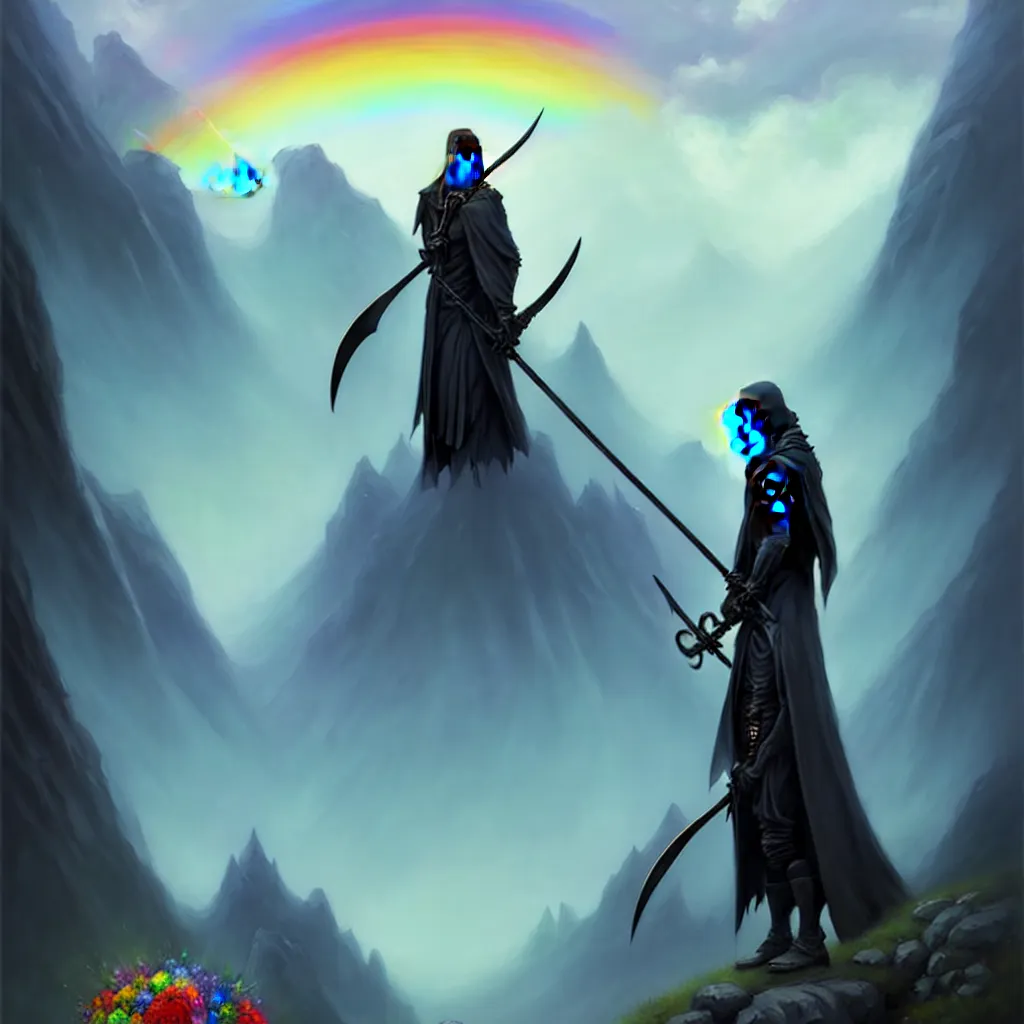 Prompt: a beautiful artwork painting of a grim reaper with a skull face holding a giant scythe, crystal flowers underneath this feet, behind him tall mountains under a rainbow is seen, by andreas rocha, featured on artstation.