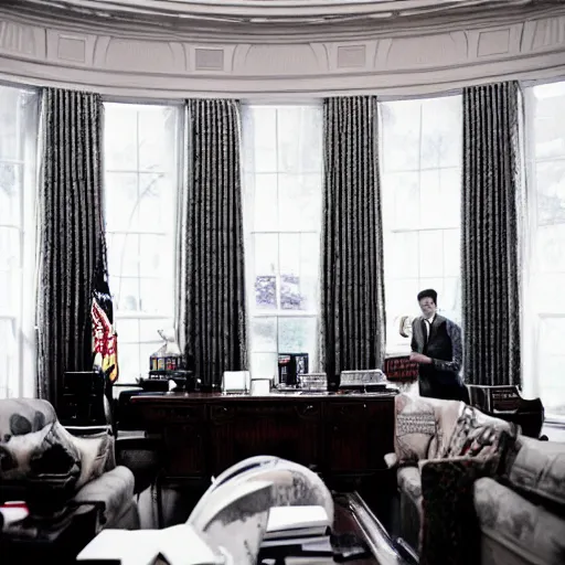 Prompt: pee wee herman on his first day as president of the united states, in the oval office with the vice president, extremely detailed, photograph by annie leibovitz