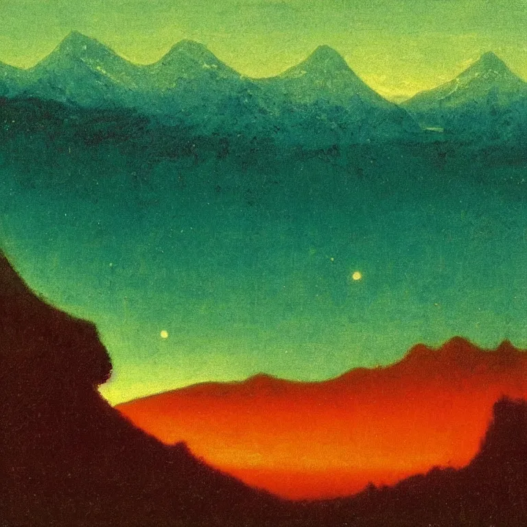 Prompt: caucaus mountains at night, arkhip kuindzhi painting, teal palette, thus spoke zarathustra