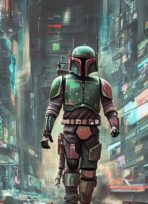 Image similar to Cyberpunk Boba Fett walking towards camera, low angle, epic, artstation, cyberpunk, intricate complexity