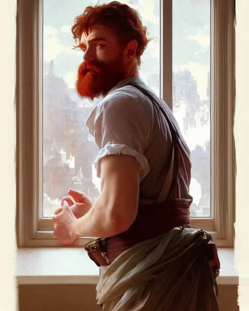 Image similar to attractive red - headed bearded man wearing a white shirt looking out the window expectantly, a smile on his lips, highly detailed, digital painting, artstation, concept art, smooth, sharp focus, illustration, art by artgerm, greg rutkowski, alphonse mucha, j. c. leyendecker