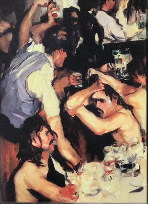 Prompt: polaroid of a glam rocker drinking brutal and raw wine with his friends by joaquin sorolla, phil hale, greek style, ultra detailed