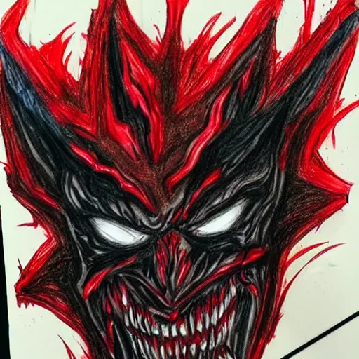 Prompt: fan art of carnage, 6 year old, crayons, paper,