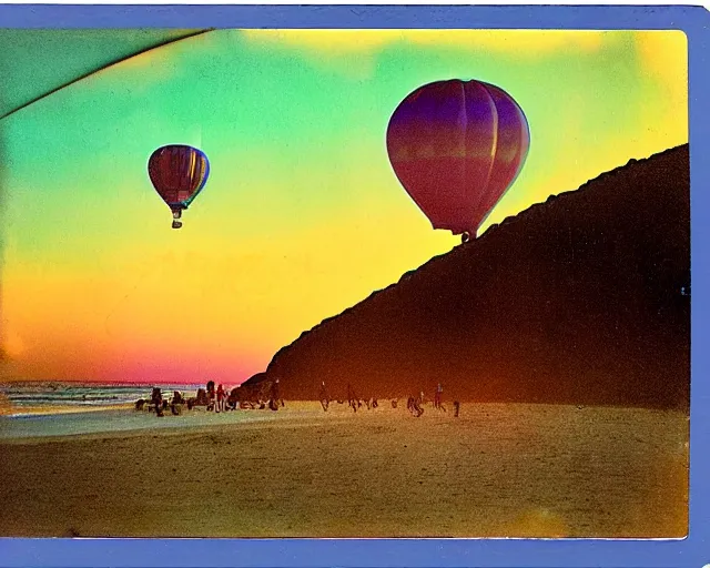 Prompt: a futuristic hot air balloon floats over a beach at violet and yellow sunset, whimsical and psychedelic art style, 1 9 6 0 s, polaroid photo, grainy, colorful, expired film